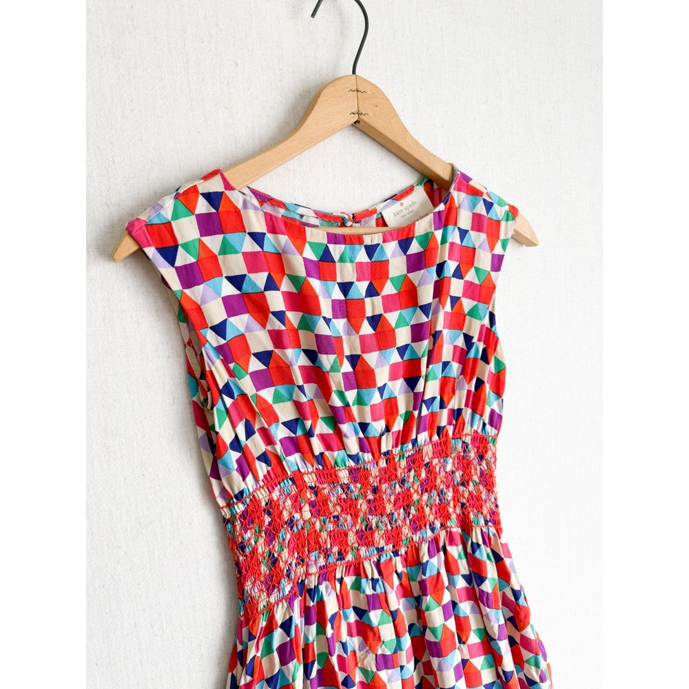 Kate Spade New York Abbey Silk Geometric Triangle Smocked Waist Dress Size 0 - Picture 3 of 5